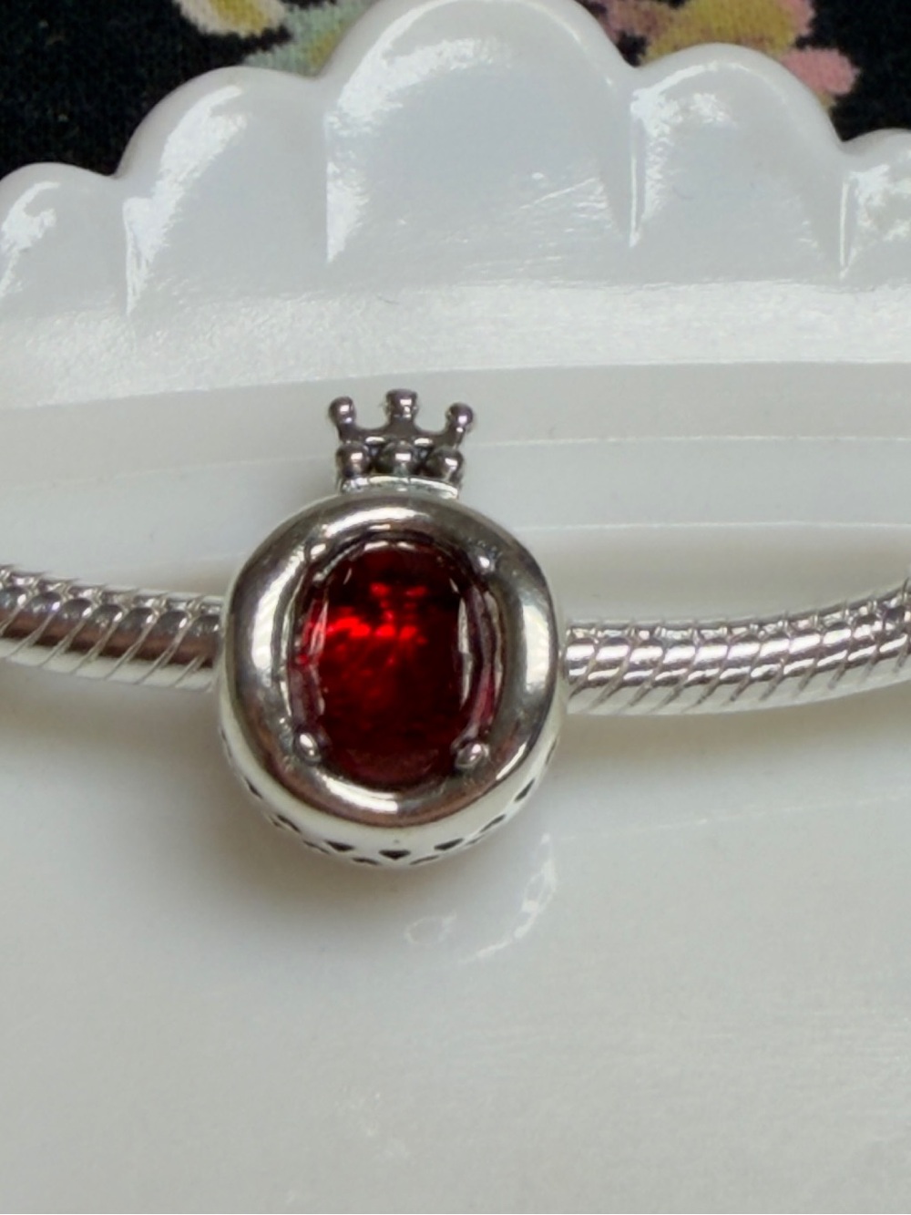 925 Sterling Silver. Crown Red Gemstone Charm Bead for Women